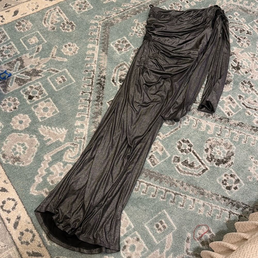 Tadashi Shoji Metallic One Shoulder Ruched Draped Maxi Gown